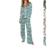 Pyjama de Noël à boutons pour femme, ensemble de pyjama de Noël, vêtements de nuit décontractés et respirants à col à revers - Ensemble confortable et adorable 2 pièces - Vêtement de nuit léger et