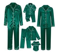 Pyjama de Noël assorti en soie pour la famille, chemise boutonnée à rayures et pantalon, ensemble de pyjama de Noël en satin soyeux pour photos, Vert noirâtre-6, M