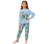 Pyjama de Noël assorti pour la famille 67 vêtements de nuit imprimés de Noël doux à manches longues col rond et pantalon Ensemble de pyjama pour femmes et hommes, bleu clair, 13-14 Years