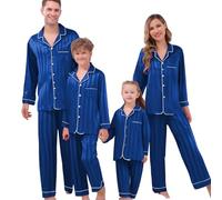 Pyjama de Noël assorti pour la famille avec col à revers et pantalon à manches longues en satin de soie, bleu, 9-10 Years