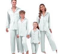 Pyjama de Noël assorti pour la famille avec col à revers et pantalon à manches longues en satin de soie, blanc, 9-10 Years