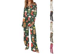 Pyjama de Noël boutonné pour femme, col en V, vêtements de nuit tendance et légers, confortables et décontractés, vêtements de détente deux pièces, doux, coupe régulière, beige, S