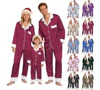 Pyjama de Noël en Soie pour la Famille 2025 avec Chemise boutonnée Manches Longues et Pantalon en Satin Confort Ensembles De Pyjama À Revers Long Chaud Doux pour Fêtes Et Nuit De Vacances