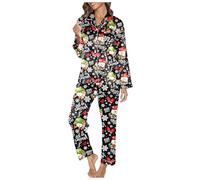Pyjama De Noel Femme Flanelle,Pyjama Femme Doux Confortable Ensemble VêTements Nuit DéTente Col V Automne Hiver Imprimé Longs Pantalons Deux PièCes Mignon