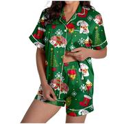 Pyjama De NoëL Femme Hiver,Ensemble De Pyjama Femme en Satin De Soie à Manches Courtes avec Imprimé Sapin De NoëL Et Fermeture BoutonnéE Confortable pour Nuits Reposantes