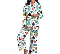 Pyjama De Noel Femme, Long Ensembles Coton Col Ronde À Manches Longues Et Pantalon 2 Pièces Confortable Doux Respirant 01 Blanc M