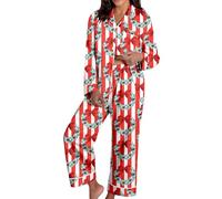 Pyjama De Noel Femme, Long Ensembles Coton Col Ronde À Manches Longues Et Pantalon 2 Pièces Confortable Doux Respirant 11 Rouge L