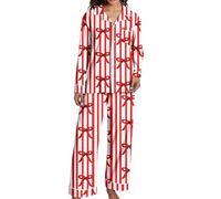 Pyjama De Noel Femme, Long Ensembles Coton Col Ronde À Manches Longues Et Pantalon 2 Pièces Confortable Doux Respirant 12 Rouge L
