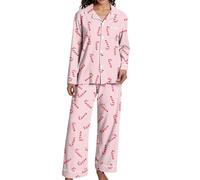 Pyjama De Noel Femme, Long Ensembles Coton Col Ronde À Manches Longues Et Pantalon 2 Pièces Confortable Doux Respirant 09 Rose XXL