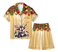 Pyjama de Noël homme satin soyeux manches courtes coupe ample col rabattu boutons avant ensemble festif idéal pour célébrations tenue décontractée parfait réveillon luxueux cadeau soirées confortable