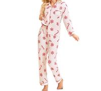 Pyjama de Noël long pour femme avec imprimé intégral - Ensemble de pyjama deux pièces avec flocons de neige et d'orge - Vêtement de nuit confortable pour les vacances, Style_l03 Blanc, M