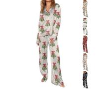 Pyjama de Noël pour femme avec col en V et boutons - Confortable et léger - Coupe régulière - Manches longues - Vêtements de nuit festifs et colorés pour femme, beige, XL