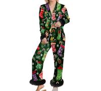 Pyjama de Noël pour femme avec imprimé intégral - Pyjama festif avec bordure en peluche - 2 pièces confortable avec motif chaussettes de Noël, Style_e01 Vert, XL