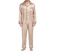 Pyjama décontracté pour homme à manches longues bouton satin de soie deux pièces vêtements de nuit costume pantalon pyjama souris chemise de nuit femme, beige, XL