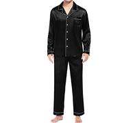 Pyjama décontracté pour homme à manches longues bouton satin de soie deux pièces vêtements de nuit costume pantalon pyjama souris chemise de nuit femme, Noir , M