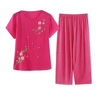 Pyjama d'été décontracté deux pièces pour femme à manches courtes et col rond en coton et soie, grande taille, confortable, respirant, cardigan avec poche boutonnée, 1 rose vif., 48