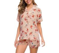 Pyjama d'été pour femme en coton avec boutons devant pyjama décontracté pour maison courte col en V et manches courtes 2 pièces avec impression douce et confortable, léger T-shirt, B#Rose Gold, XXL