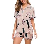 Pyjama d'été pour femme en coton avec boutons devant pyjama décontracté pour maison courte col en V et manches courtes 2 pièces avec impression douce et confortable, léger T-shirt, Z#Rose Gold, XXL