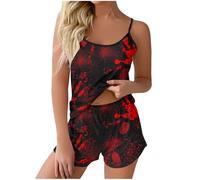 Pyjama d'été pour femme - Ensemble shorty 2 pièces - Col en V - Bretelles spaghetti - Chemise de nuit et pantalon de nuit - Nuisette décontractée imprimée 2024