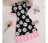 Pyjama d'été pour fille, motif de marguerites en forme de cœur noir & blanc, col rond, manches courtes, tenue décontractée, avec poignets et ourlet à volants roses 8Y,9Y,10Y,11Y,12YPlantesPolyester
