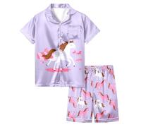 Pyjama D'Été pour Filles 2026 Ensemble Deux Pièces Short Et Manches Courtes Imprimé Cheval Blanc Dessin Animé Vêtements Domicile Confortable (Purple, 10-11 Years)