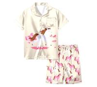 Pyjama D'Été pour Filles 2026 Ensemble Deux Pièces Short Et Manches Courtes Imprimé Cheval Blanc Dessin Animé Vêtements Domicile Confortable (Beige, 2-3 Years)