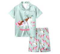 Pyjama D'Été pour Filles 2026 Ensemble Deux Pièces Short Et Manches Courtes Imprimé Cheval Blanc Dessin Animé Vêtements Domicile Confortable (Light Green, 2-3 Years)