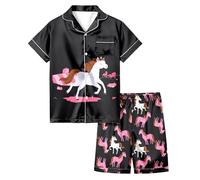 Pyjama D'Été pour Filles 2026 Ensemble Deux Pièces Short Et Manches Courtes Imprimé Cheval Blanc Dessin Animé Vêtements Domicile Confortable (Black, 8-9 Years)