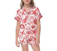 Pyjama Deux Pièces Enfant Imprimé Décontracté Soie Imitation Satin Col Carré Manches Courtes Short Nuit Maison Vêtements Fille Corsage(6-7 Years)