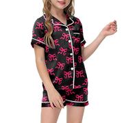 Pyjama Deux Pièces Enfant Imprimé Graphique Décontracté Bouton Col Revers Manches Courtes Haut Short Nuit Maison Vêtements Corsage(Black, 13Years)