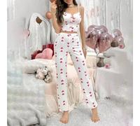 Pyjama deux pièces imprimé avec coutures en maille pour femmes, ensemble d'intérieur décontracté sans manches avec hauts et pantalons, adapté pour une utilisation toute l'année (S, blanc 2)