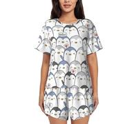Pyjama deux pièces pour femme imprimé pingouin mignon, pyjama d'été à manches courtes et col rond, vêtements décontractés pour la maison, Noir , XL
