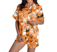 Pyjama d'Halloween en satin graphique pour femme - Vêtements de nuit boutonnés à manches courtes - Ensemble de pyjama pour petite fille - Pantoufles d'hiver, rose gold, XXL