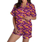 Pyjama d'Halloween en satin imprimé graphique pour femme - Joli vêtement de nuit avec boutons - Haut à manches courtes et short - Ensemble de pyjama d'Halloween pour femme, violet, XL