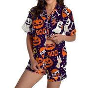 Pyjama d'Halloween en satin imprimé graphique pour femme - Joli vêtement de nuit avec boutons - Haut à manches courtes et short - Ensemble de pyjama d'Halloween pour femme, violet foncé, XL