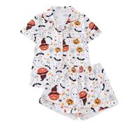 Pyjama d'Halloween pour femme en satin de soie boutonné confortable Make It Spooky Short pyjama à manches courtes léger boutonné ensemble de vêtements de nuit à revers doux, blanc, L