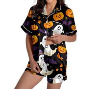 Pyjama d'Halloween pour femme, ensemble 2 pièces, short assorti, ensemble de nuit en soie, léger, fantôme, boutonné, d'été, chemise de nuit d'automne à manches courtes, doré, S