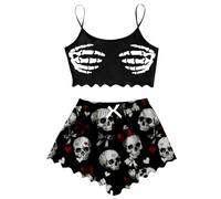 Pyjama d'Halloween pour femme - Haut et short avec bordure en salade - Ensemble de pyjama mignon et amusant - Vêtements de nuit - Pyjama pour femme