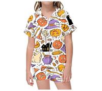 Pyjama d'Halloween pour fille-Satin Pyjama Ensemble Enfants, Filles Garçon Pyjama Ensemble à Manches Courtes, Haut, Pantalon Long, Satin De Soie Bouton vers Le Bas Vêtements De Nuit Ensemble