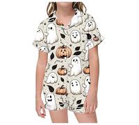 Pyjama d'Halloween pour fille-Satin Pyjama Ensemble Enfants, Filles Garçon Pyjama Ensemble à Manches Courtes, Haut, Pantalon Long, Satin De Soie Bouton vers Le Bas Vêtements De Nuit Ensemble