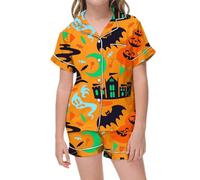 Pyjama d'halloween pour Filles Doux et Confortable Haut à Manches Longues avec Pantalon pour Enfants Tenue Adorable adaptée aux Tout-Petits et Adolescents (Orange, 12-13 Years)