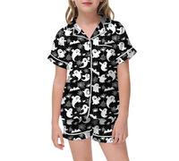 Pyjama d'halloween pour Filles Ensemble Haut à Manches Courtes avec Boutons Short Confortable et Poches vêtements Nocturnes adorables pour Enfants (Black, 12-13 Years)