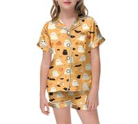Pyjama d'halloween pour Filles Haut à Manches Courtes avec Boutons Ensemble Confortable en V et Short vêtements de Nuit Tendances pour Jeunes Adolescentes (Gold, 6-7 Years)