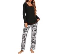 Pyjama d'hiver pour Femme, Ensemble de Pyjama à Manches Longues en Coton pour Femme (Noir-2,L)