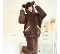 Pyjama d'hiver pour femme - Pour fille - En flanelle épaisse - Joli ours à capuche - 2 pièces - XXXL - Large