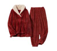 Pyjama en laine de corail femmes automne hiver flanelle pyjama set, costume de pyjama Casual épais, Rouge,XXL