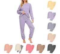 Pyjama en polaire de couleur unie à col rond pour femme, vêtement de détente classique décontracté minimaliste thermique deux pièces vêtements de nuit confortables et doux avec poignets côtelés pour