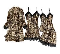Pyjama en satin 4 pièces pour femme - Léopard en satin - Robe kimono sexy en dentelle - Nuisette et short - Vêtement de nuit - Doux - En soie - Deux pièces - Ensemble de maison en soie, marron, M