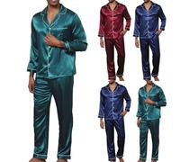 Pyjama en satin à manches longues et pantalon à taille élastique pour homme - Vêtement de nuit boutonné en soie lisse - Confortable - Manches roulées - Vêtements de nuit pour couple - Pyjama de luxe