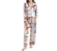 Pyjama en satin à manches longues pour femme - Ensemble de pyjama en soie à manches longues - Vêtement de nuit décontracté boutonné avec motifs élégants - 2 pièces - Doux au toucher, rose, M